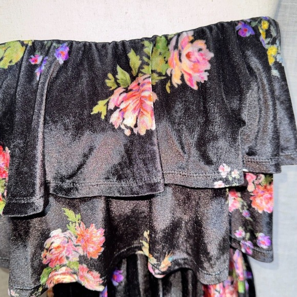 ASOS Floral Stretch Velvet Off the Shoulder Double Ruffle Pleated Midi Dress 4‎ - Picture 4 of 5